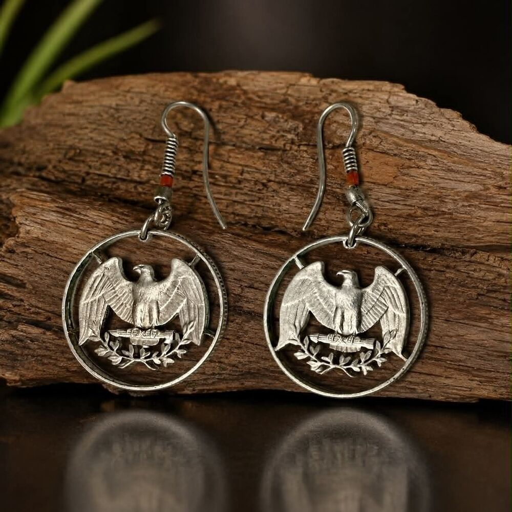Handmade Etched Silver Quarter Coin Eagle Dangle Earrings Vintage Jewelry Boho